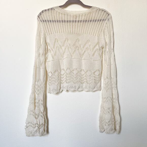Anthropologie Mystree Pointelle Cropped Sweater Bell Sleeve Top - Picture 9 of 12